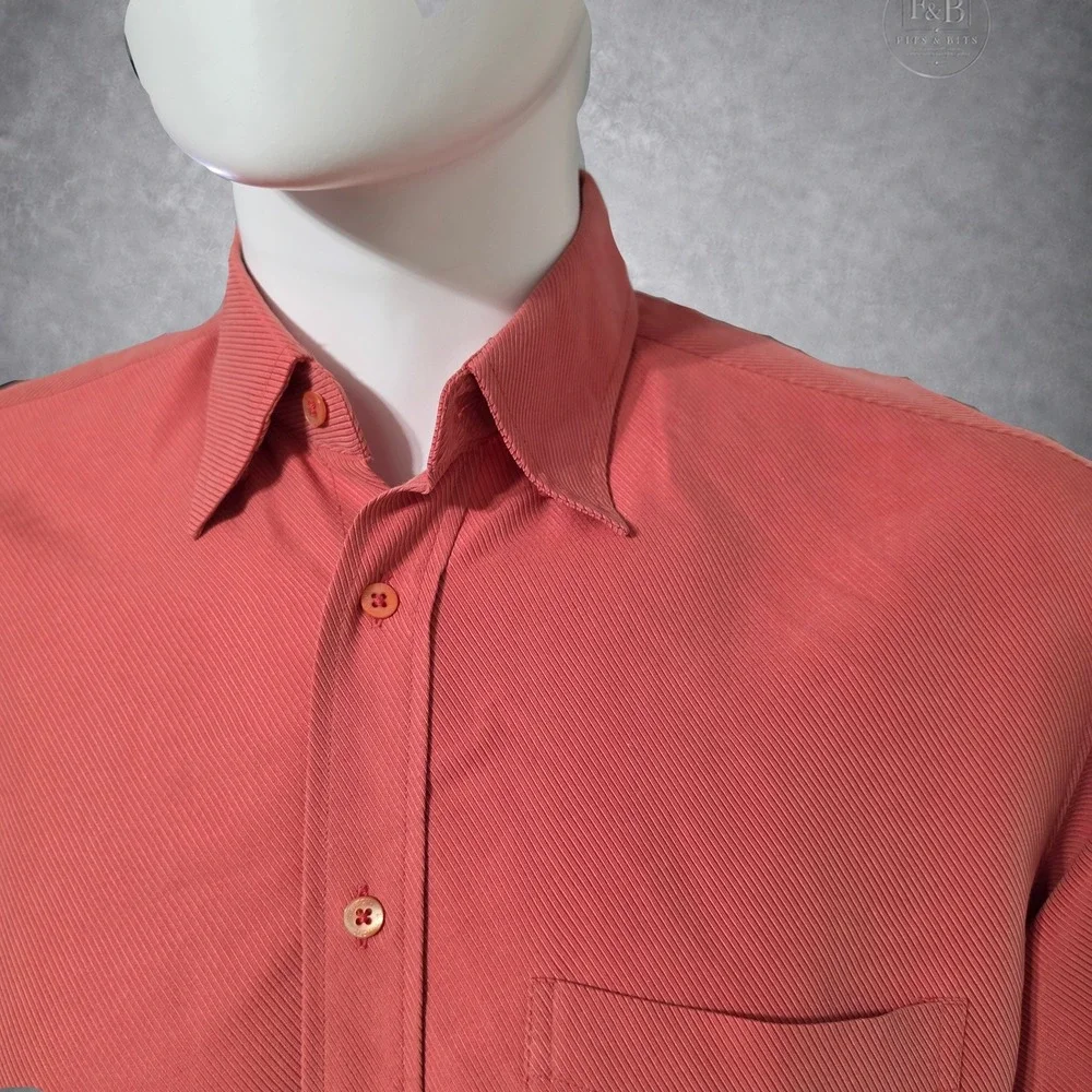Bugatchi Uomo Mens Medium Coral Ribbed Textured Long Sleeve Button Down Shirt - Picture 3 of 10
